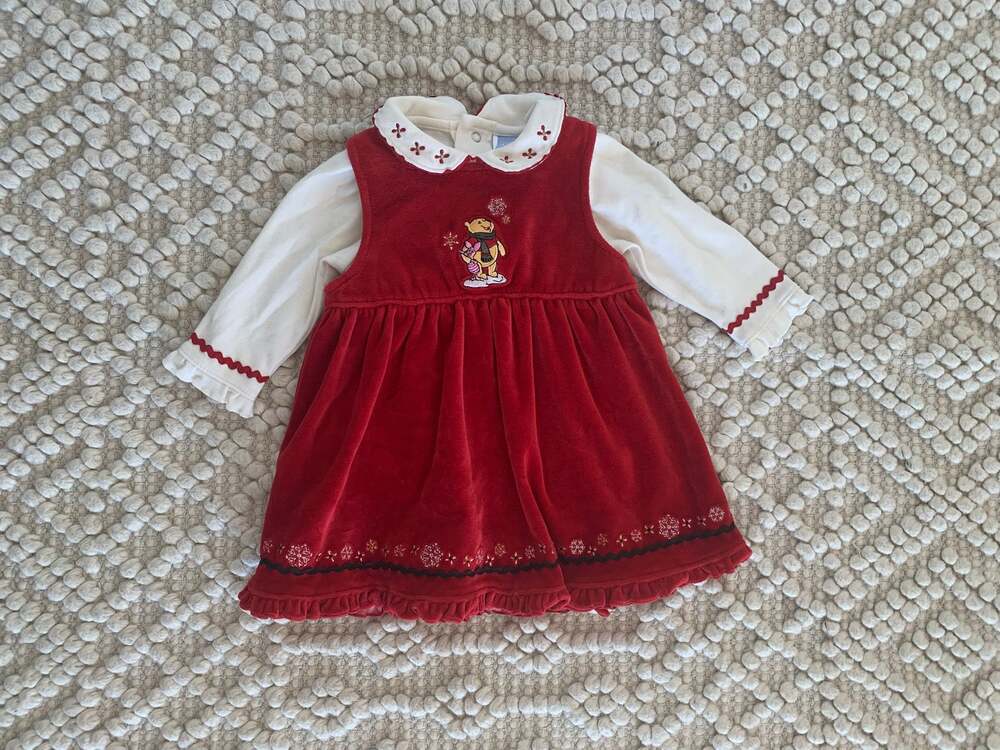 Winnie the Pooh Holiday Winter Dress Turtleneck Cotton Velvet Ruffle 3-6 M